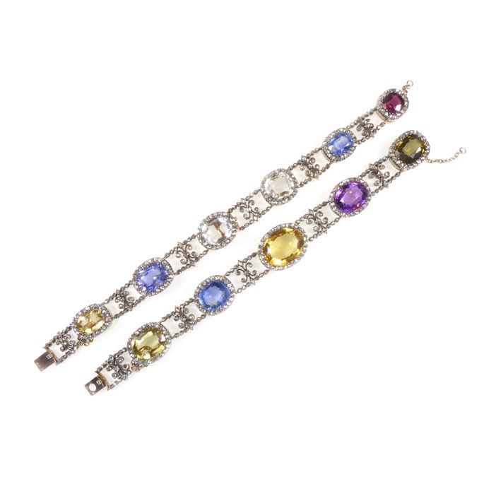 Set of two vari-coloured gem and diamond cluster bracelets forming a choker necklace | MasterArt